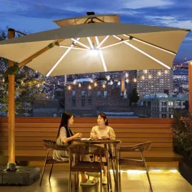 Ô, Dù Vuông Lệch Tâm 3x3m, Có đèn Led, Đế Nhựa – Chống Nắng, Chống Gỉ, Xoay 360°