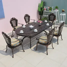 Bộ bàn 6 ghế nhôm đúc, bàn ghế sân vườn ngoài trời D180-6G