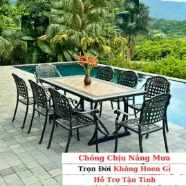 Bàn ghế sân vườn 8 ghế, Bộ bàn ăn mặt đá cao cấp HN162-8G
