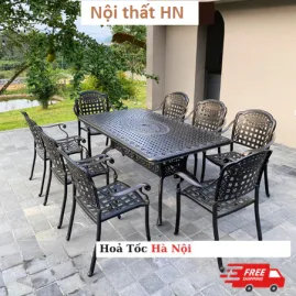 Bô bàn ăn 8 ghế sân vườn, Bàn ghế nhôm đúc ngoài trời HN210-8G